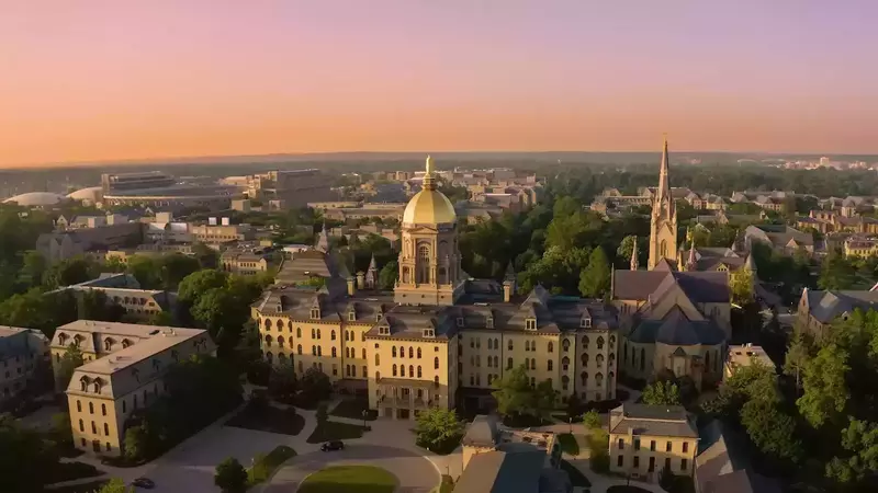 Aerial view of the Main Building and Basilica of the Sacred Heart, with campus buildings at sunset.
